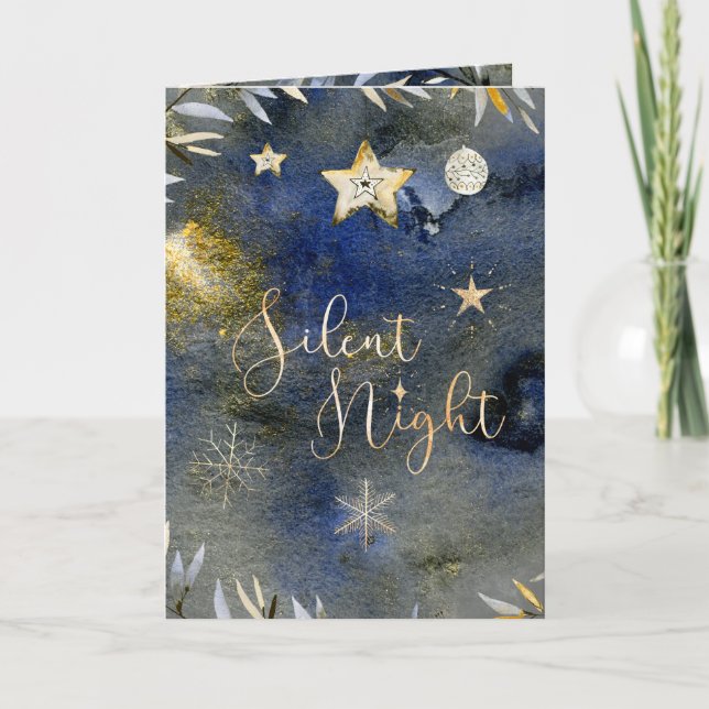Tarjeta Festiva Noche silenciosa Oro Azul Festividad de vacaciones (Anverso)