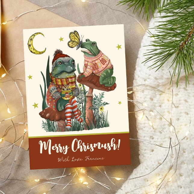 Tarjeta Festiva Nochebuena de hongos rojos y hongos (Cute Best Friend Frogs Merry Christmas Cards with Red Stripes on the back)