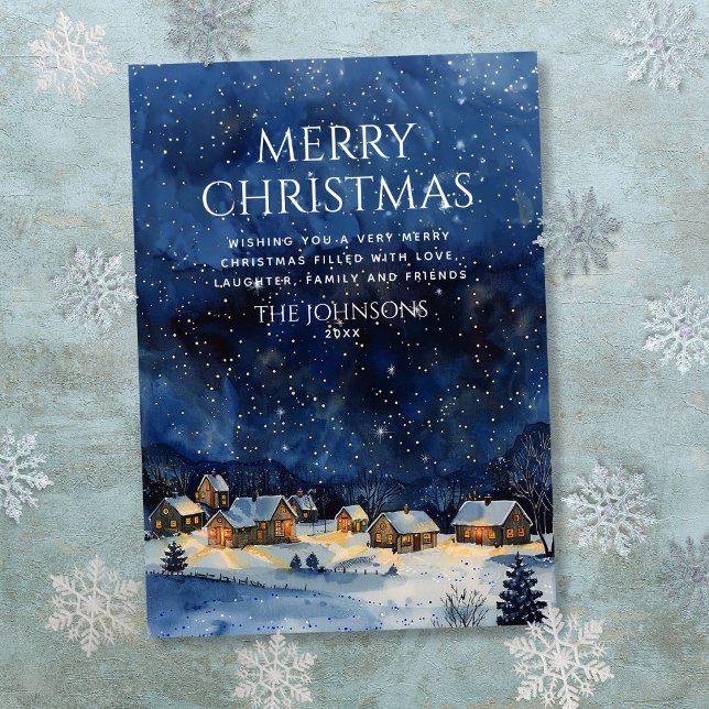 Tarjeta Festiva Nochebuena de la tradicional acuarela rusa (Traditional Rustic Watercolor Night Sky Christmas Holiday Card)