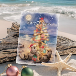 Tarjeta Festiva Nochebuena de nutria marina árbol de madera flotan