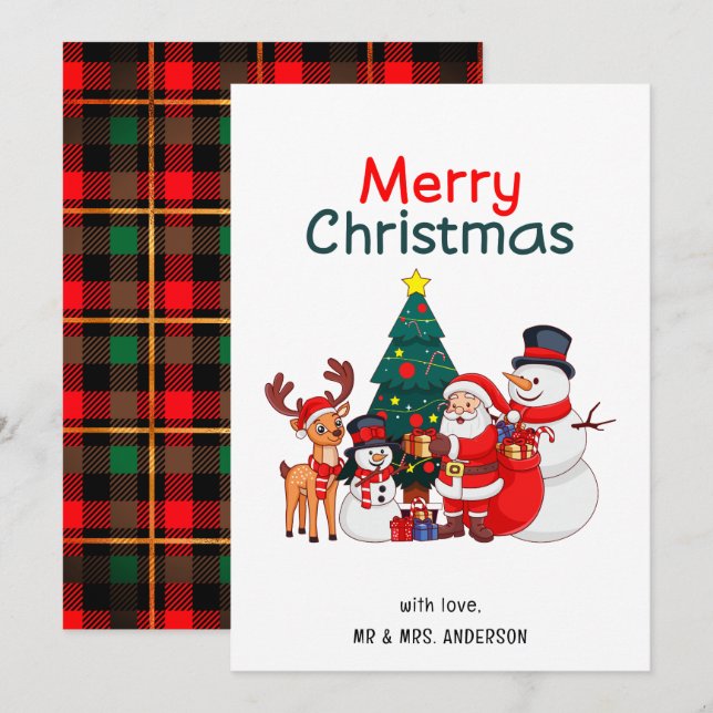 Tarjeta Festiva Nochebuena de reno de Santa Snowman (Anverso / Reverso)