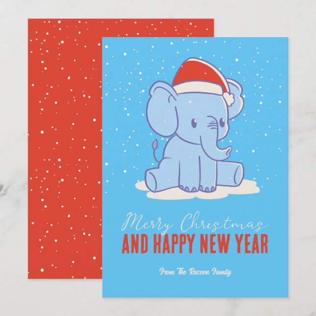 Tarjeta Festiva Nochebuena del elefante cutáneo Santa en invierno (Anverso / Reverso)