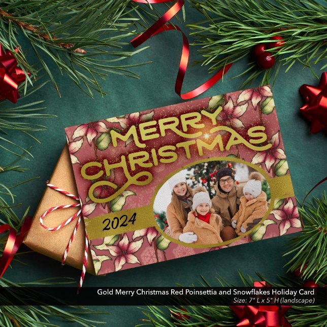 Tarjeta Festiva Nochebuena dorada roja poinsettia y copos de nieve (Gold Lettering Merry Christmas Photo Card with Red Poinsettias and Snowflakes)