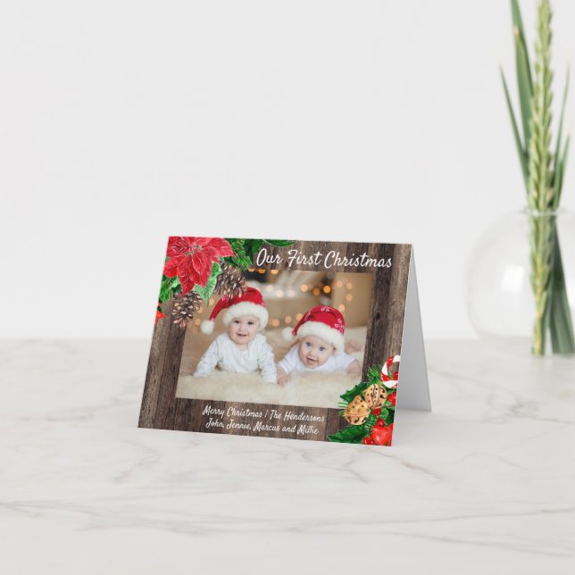 Tarjeta Festiva Nochebuena roja de madera rústica (Anverso)