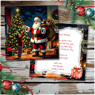 Tarjeta Festiva Nochebuena Santa y Niño Pequeño Vintage