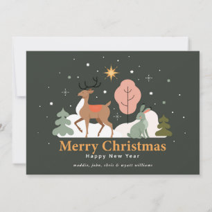 Tarjeta Festiva Nochebuena tranquila con renos y conejo