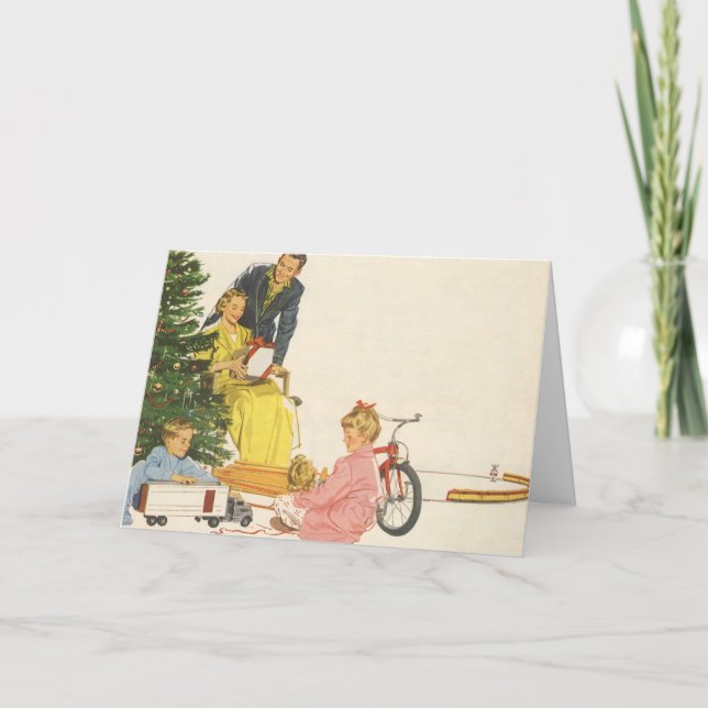 Tarjeta Festiva Nochebuena vintage, inauguración familiar (Anverso)