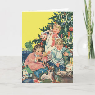 Tarjeta Festiva Nochebuena vintage, niños abriendo regalos