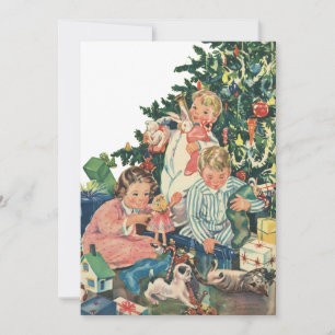 Tarjeta Festiva Nochebuena vintage, niños abriendo regalos