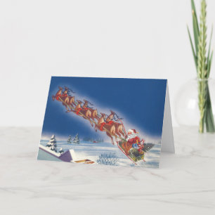 Tarjeta Festiva Nochebuena vintage, Santa Claus en Sleigh