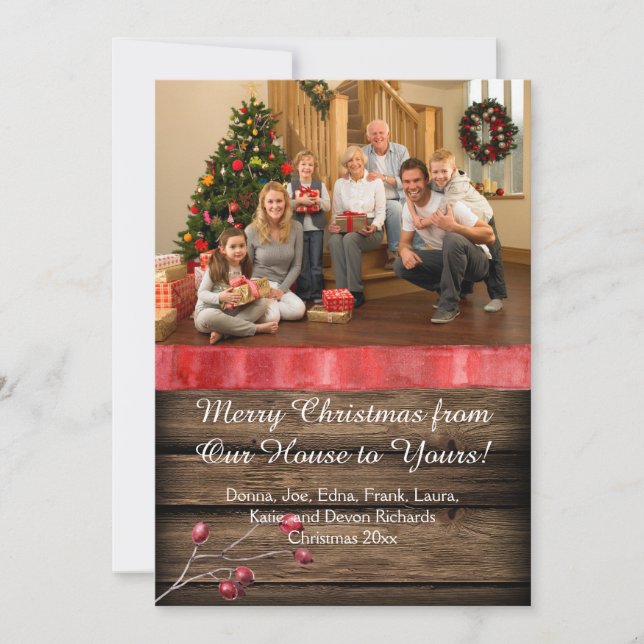 Tarjeta Festiva Noches de fotos de Rustic Barnwood Candle Holly Be (Anverso)