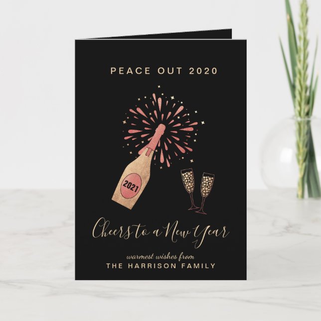 Tarjeta Festiva Nochevieja Champagne Peace Out 2020 Gold Black (Anverso)