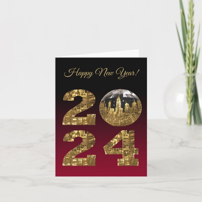 Tarjeta Festiva Nochevieja de Año Nuevo 2024 Oro y Rojo- (Anverso)