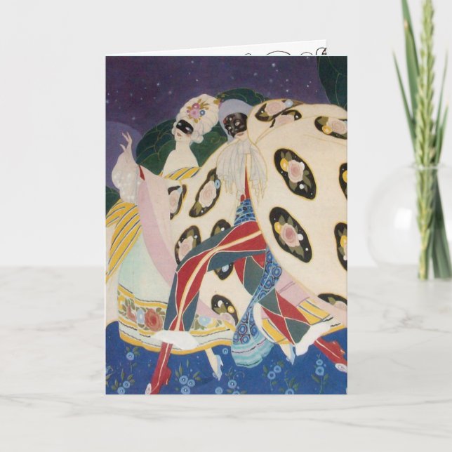 Tarjeta Festiva NOCTURNA CON El día de San Valentín MASKS Art Deco (Anverso)