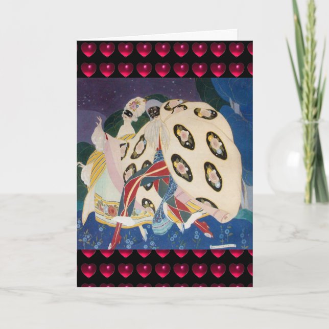 Tarjeta Festiva NOCTURNA CON MÁSCARAS Art Deco El día de San Valen (Anverso)