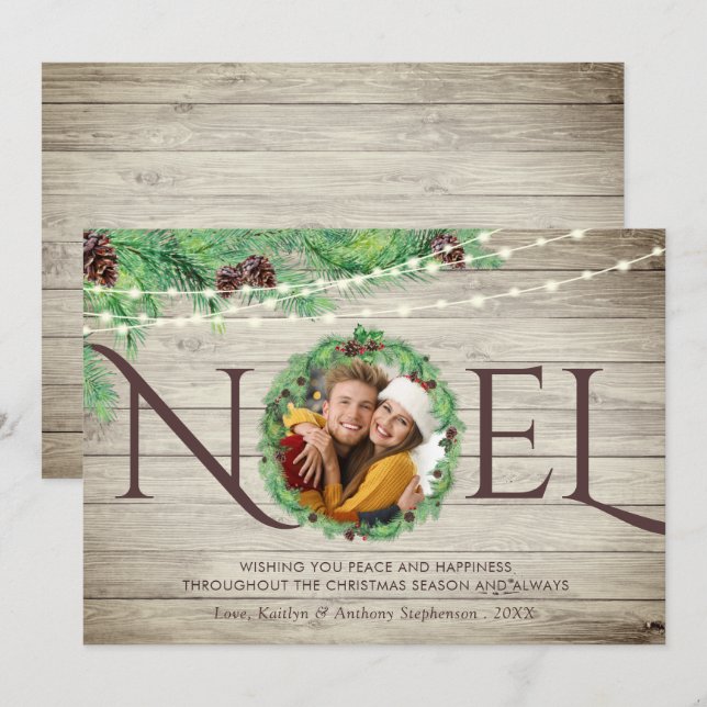 Tarjeta Festiva NOEL 1 de la guirnalda de pino botánico de madera  (Anverso / Reverso)