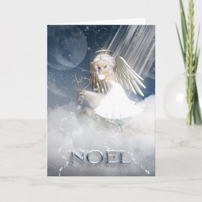 Tarjeta Festiva NOEL, Ángel Brillando Nieve Sobre El Mundo (Anverso)