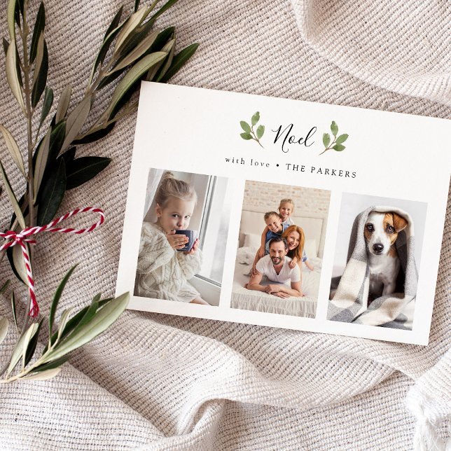 Tarjeta Festiva Noel botánico | Tres Navidades Minimalistas fotogr (A simple and elegant Christmas card with greenery and a photo grid)