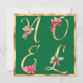 Tarjeta Festiva NOEL Green & Gold Holly Berries Poinsettia
