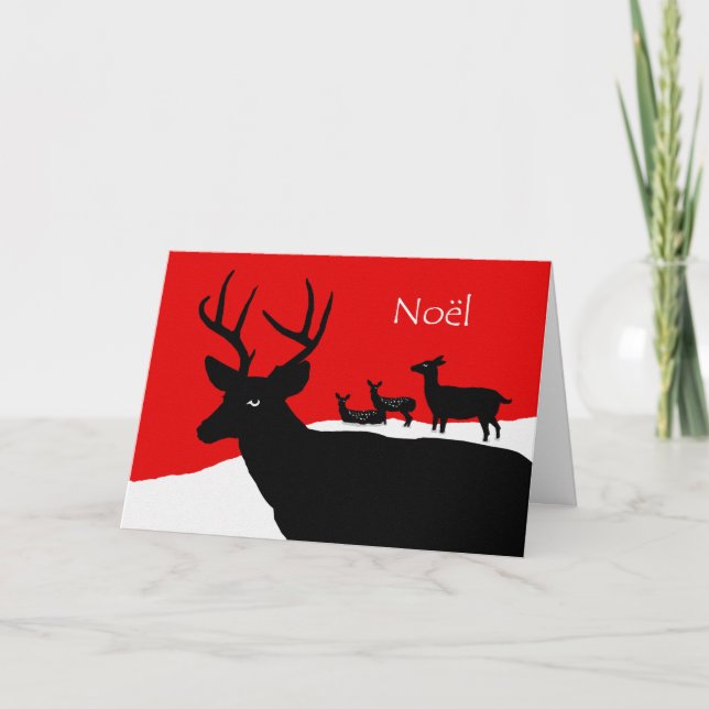 Tarjeta Festiva Noel, Navidades en francés, familia de venados en  (Anverso)