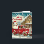 Tarjeta Festiva Noel nostálgico<br><div class="desc">Esta encantadora escena de invierno cuenta con un camión rojo de cosecha que lleva a un animado muñeco de nieve en la parte trasera. El camión, adornado con una decoración de copos de nieve en la puerta, está cubierto por una manta de nieve. Al fondo, una casa de madera con...</div>