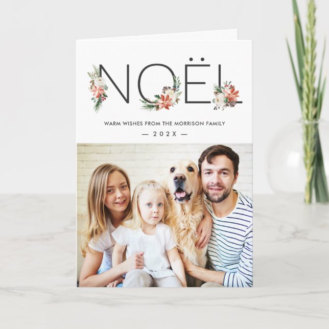 Tarjeta Festiva NOEL Typography Poinsettia Floral Photo Navidades (Anverso)