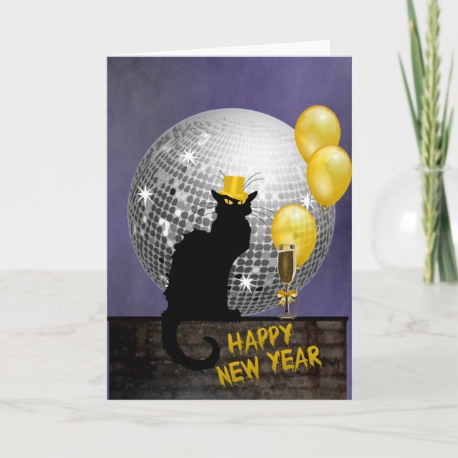 Tarjeta Festiva Noir de chat víspera de Año Nuevo (Anverso)