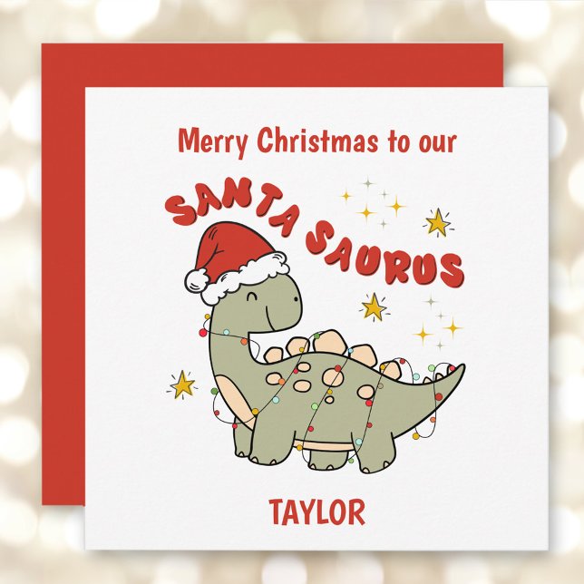Tarjeta Festiva Nombre de Dinosaurio Santasauro de los Navidades C (Cute Christmas Dinosaur Santasaurus Name Holiday Card)