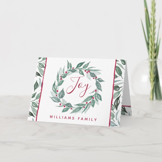 Tarjeta Festiva Nombre de familia Boho Joy Greenery Wreath Red Ber (Anverso)
