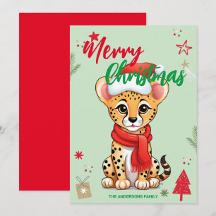 Tarjeta Festiva Nombre de familia de Santa leopardo lindo de Navid