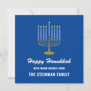 Tarjeta Festiva Nombre de familia Feliz Hanukkah Menorah Oro azul