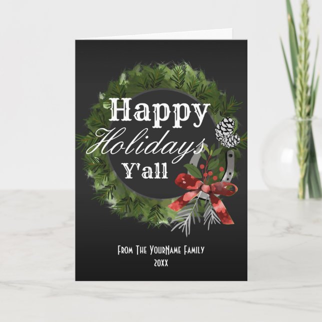 Tarjeta Festiva Nombre de familia personalizada de Western Wreath (Anverso)