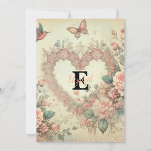 Tarjeta Festiva Nombre de monograma corazones vintage floral acuar