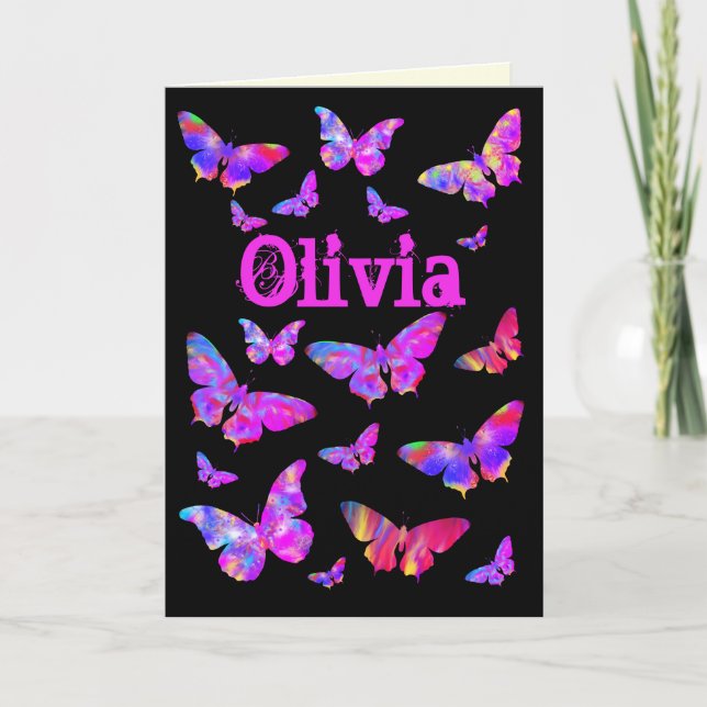Tarjeta Festiva Nombre de Olivia del Pop Art. mariposa rosada psic (Anverso)