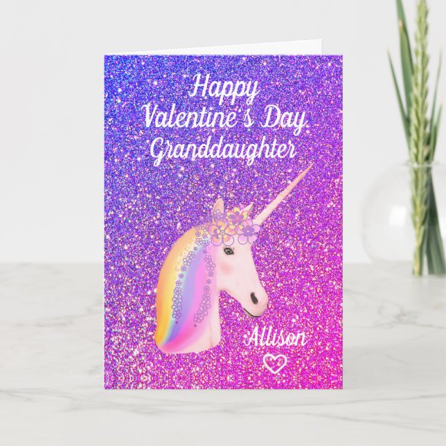 Tarjeta Festiva Nombre de Unicorn, Purpurina de nieta (Anverso)