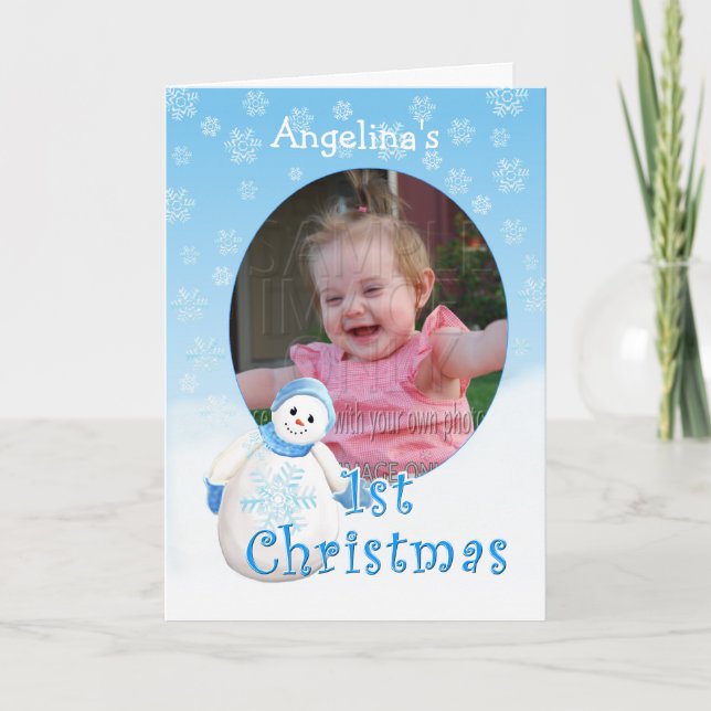 Tarjeta Festiva Nombre personalizado 1er Navidades Snowman Photo C (Anverso)
