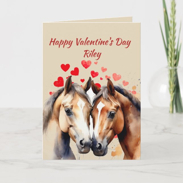 Tarjeta Festiva Nombre personalizado Amor Caballos Cutos Corazones (Anverso)