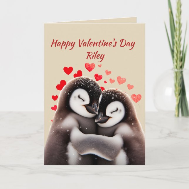 Tarjeta Festiva Nombre personalizado Amor Corazón de Pingüinos Cut (Anverso)