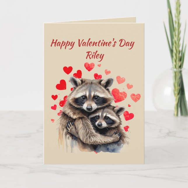 Tarjeta Festiva Nombre personalizado Amor Cute Raccoon Corazón Ani (Anverso)