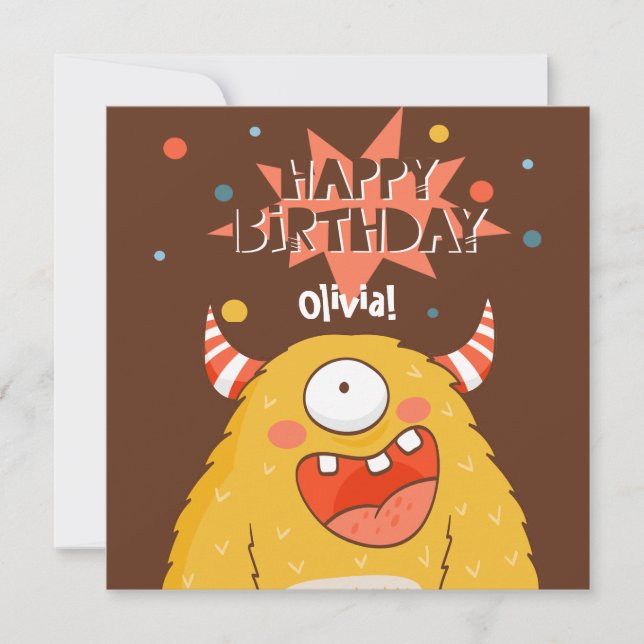 Tarjeta Festiva Nombre personalizado Cute Monstruo Amarillo Cumple (Anverso)