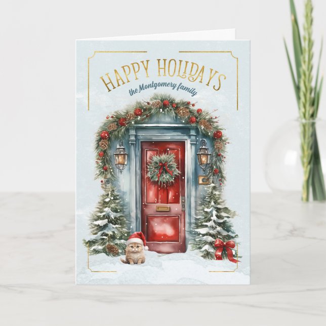 Tarjeta Festiva Nombre personalizado de puerta azul y roja Feliz (Anverso)