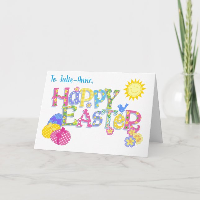 Tarjeta Festiva Nombre personalizado Easter Eggs Floral Word Art C (Anverso)