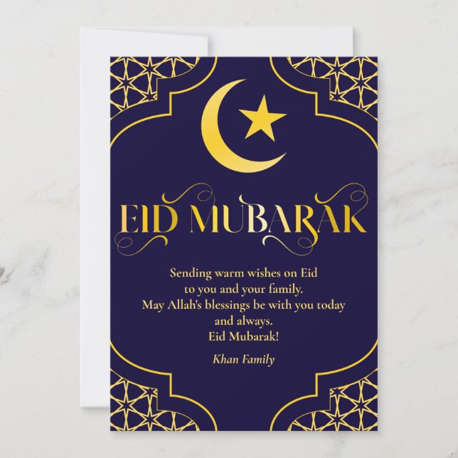 Tarjeta Festiva Nombre personalizado Eid Mubarak Elegante oro azul (Anverso)