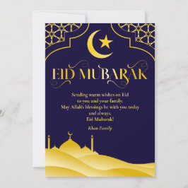 Tarjeta Festiva Nombre personalizado Eid Mubarak Elegante oro azul