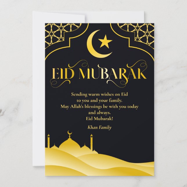 Tarjeta Festiva Nombre personalizado Eid Mubarak Elegante Oro negr (Anverso)