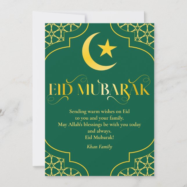 Tarjeta Festiva Nombre personalizado Eid Mubarak Elegante Oro Verd (Anverso)