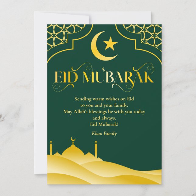Tarjeta Festiva Nombre personalizado Eid Mubarak Elegante Oro Verd (Anverso)