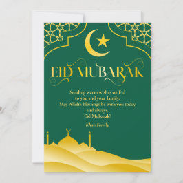 Tarjeta Festiva Nombre personalizado Eid Mubarak Elegante Oro Verd