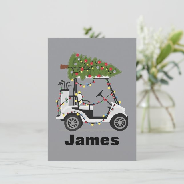 Tarjeta Festiva Nombre personalizado Navidades de golf Carro de go (Anverso de pie)