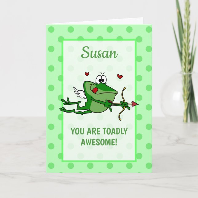 Tarjeta Festiva Nombre y mensaje personalizados Rana Cupido Valent (Anverso)